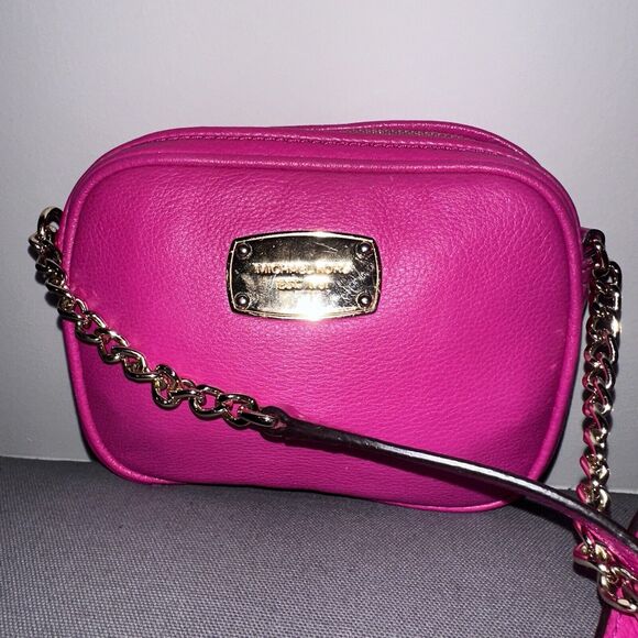 MICHAEL KORS PINK LEATHER MESSENGER CROSSBODY BAG GOLD CHAIN EUC - Picture 1 of 7